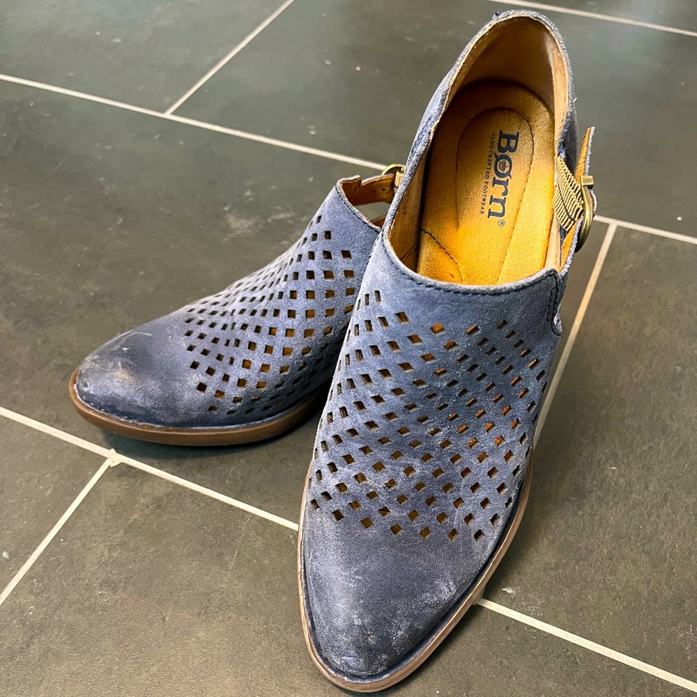 Born Blue Suede Slip-in Bootie with Open Weave and Buckle on the Side
